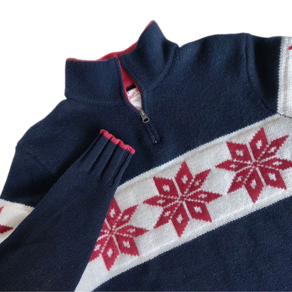 Grayers Mens 100% Wool Fair Isle Snowflake 1/4 Zip Sweater Blue Nordic Warm
